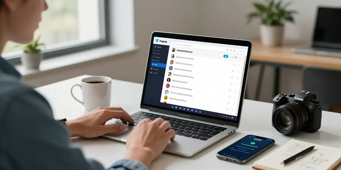 Person using Telegram Web Version on a laptop in a bright office workspace, illustrating productivity and digital communication.