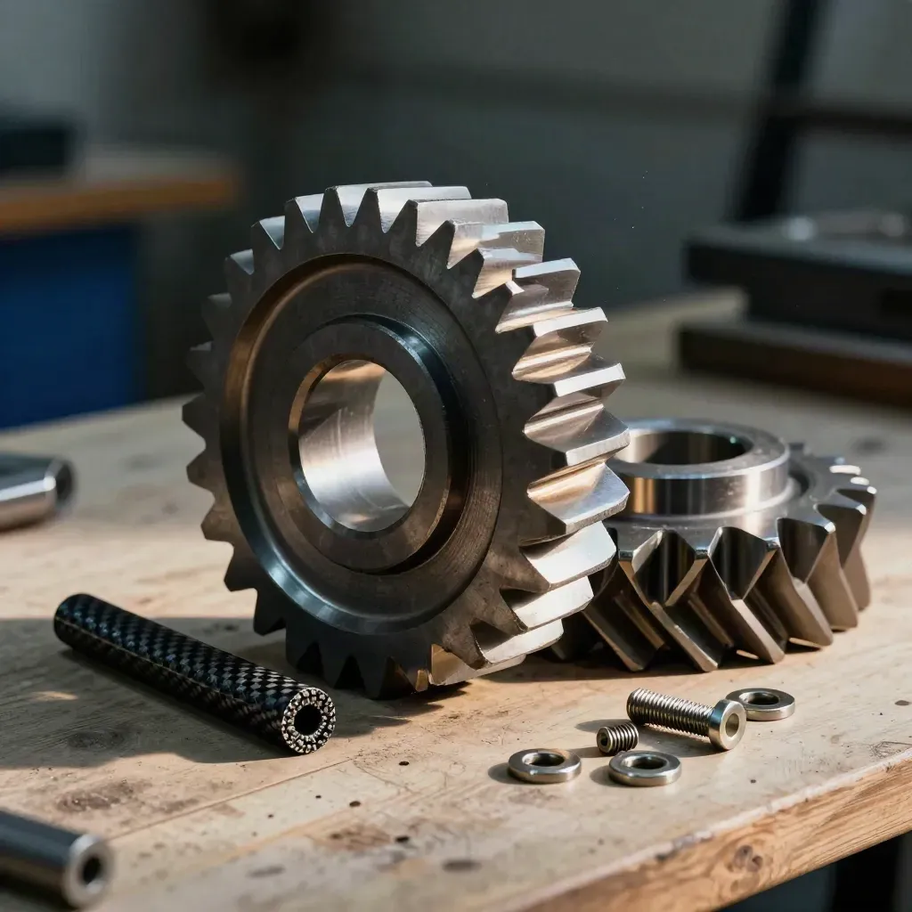 Machined steel gear blanks, carbon-fibre offcut and brushed bolts on pale wood