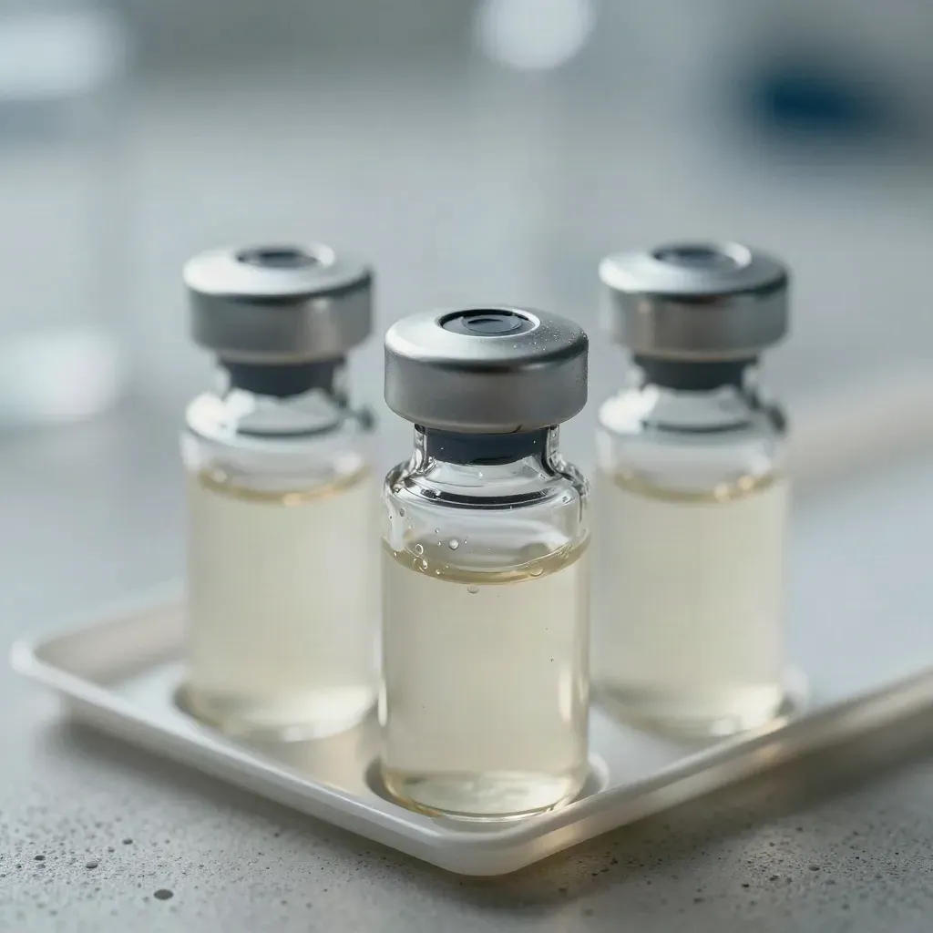 Extreme macro of glass biotech vials and a sample tray on pale concrete, lit with warm raking light.