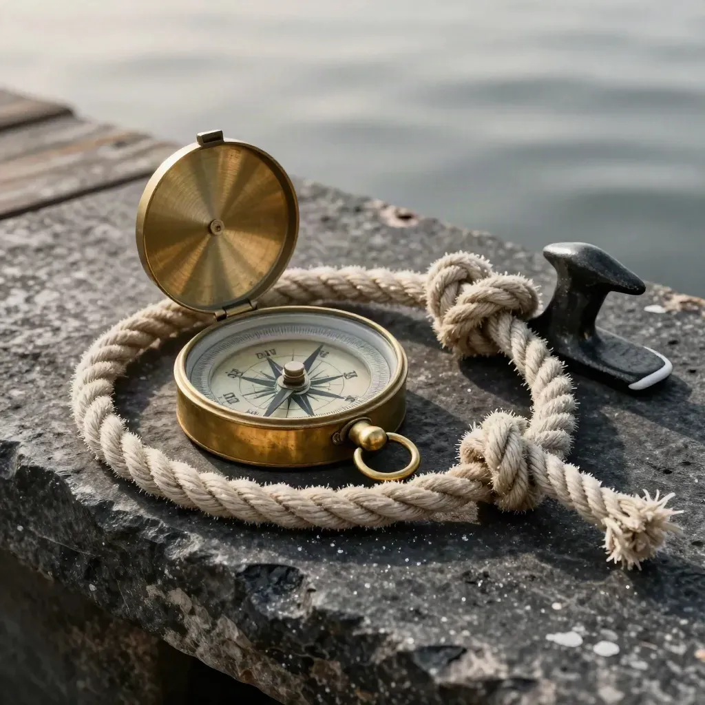 Brass ship compass, knotted rope and cleat on dark stone, lit by soft sea haze