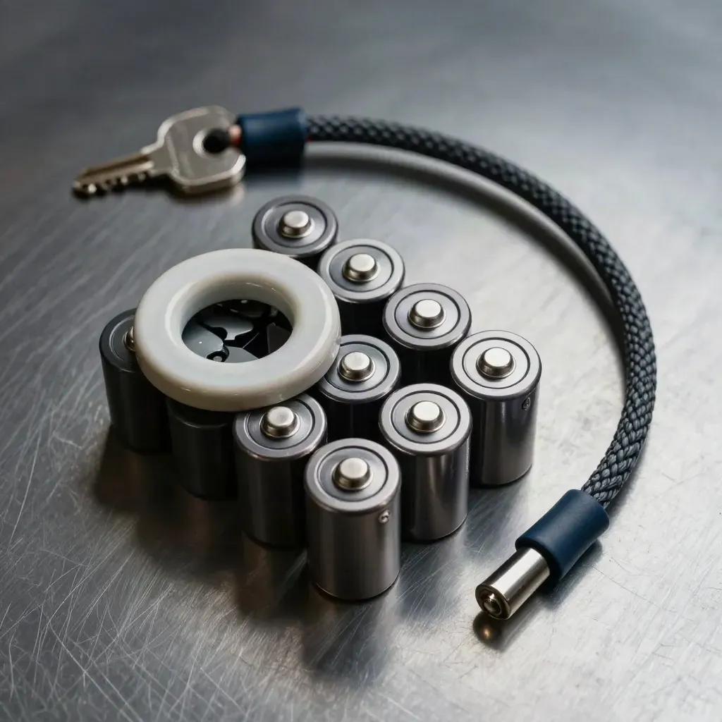 Top-down still life of battery cells, ceramic ring and braided power leads on brushed steel.