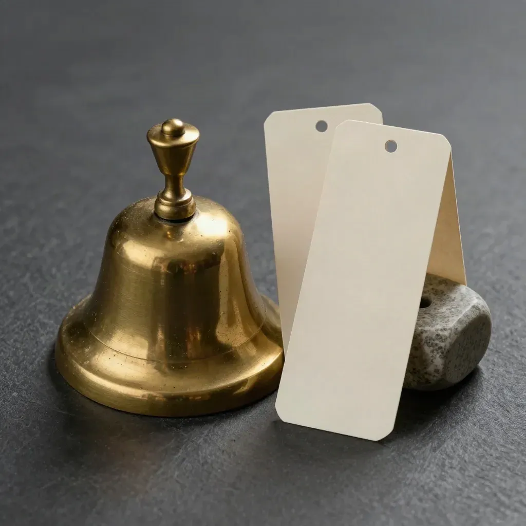 Brass bell, blank appointment tabs, and stone paperweight on graphite slate.