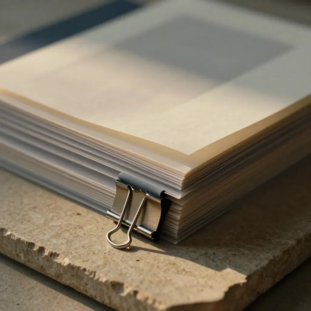 Translucent pitch review sleeves clipped on stone with a navy tab marker in dramatic light.