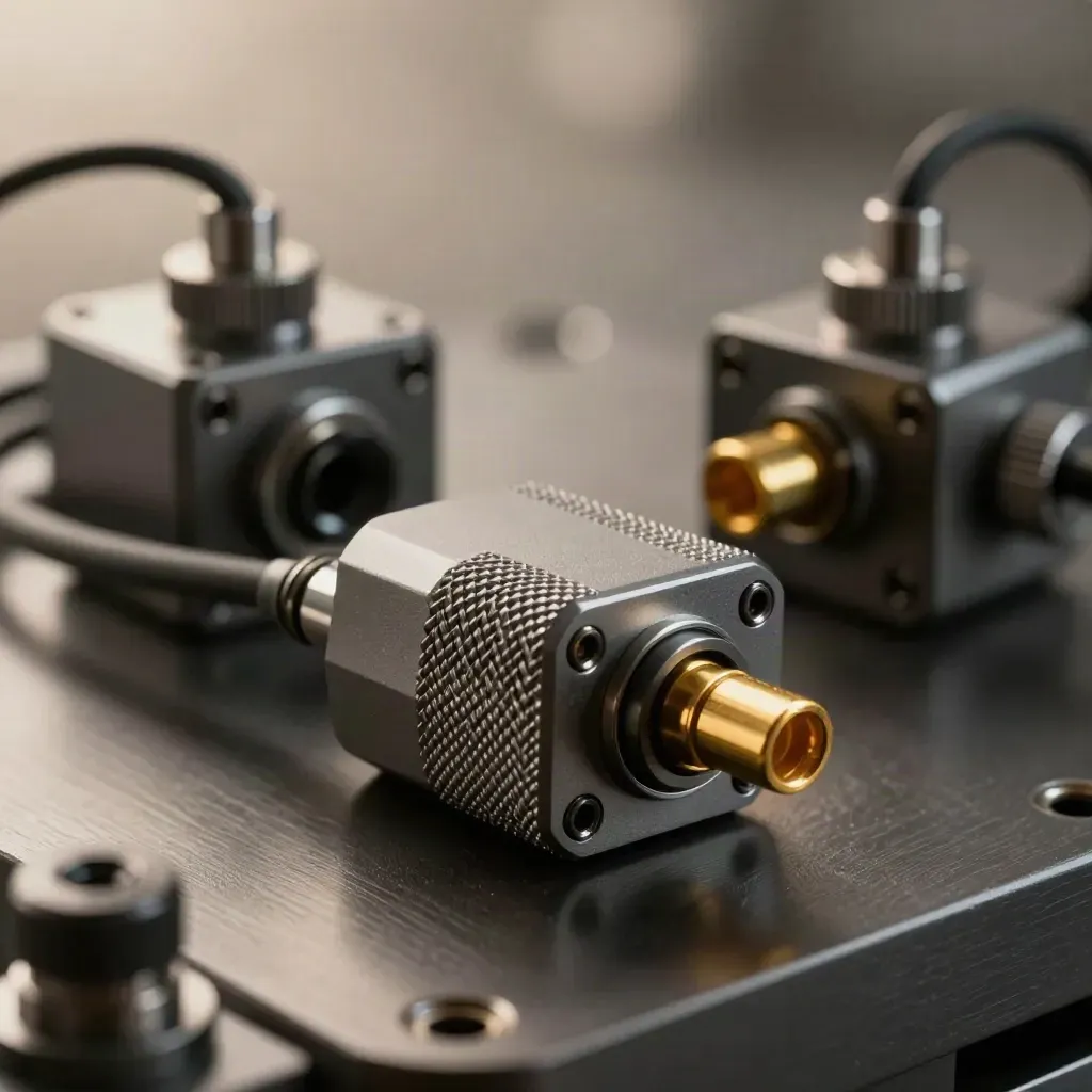 Macro of robotic sensor housings and braided loom on brushed metal with gold accents.