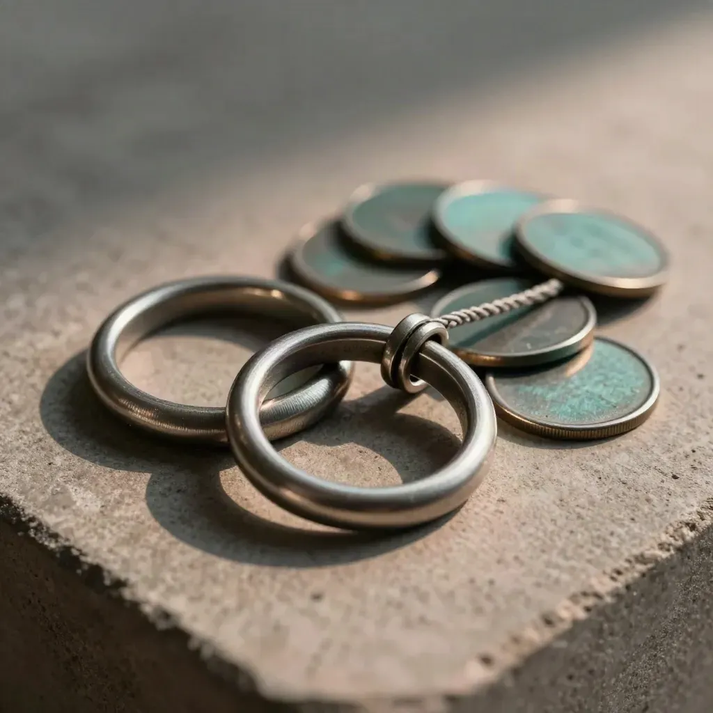 Brushed rings, meetup tokens and a cable loop on concrete, lit with raking light