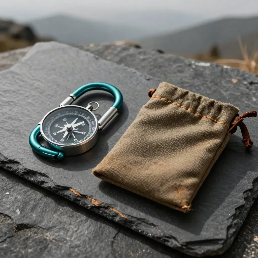 An outdoor-navigation kit on slate: teal carabiner, trail compass, and waxed-canvas repair pouch.