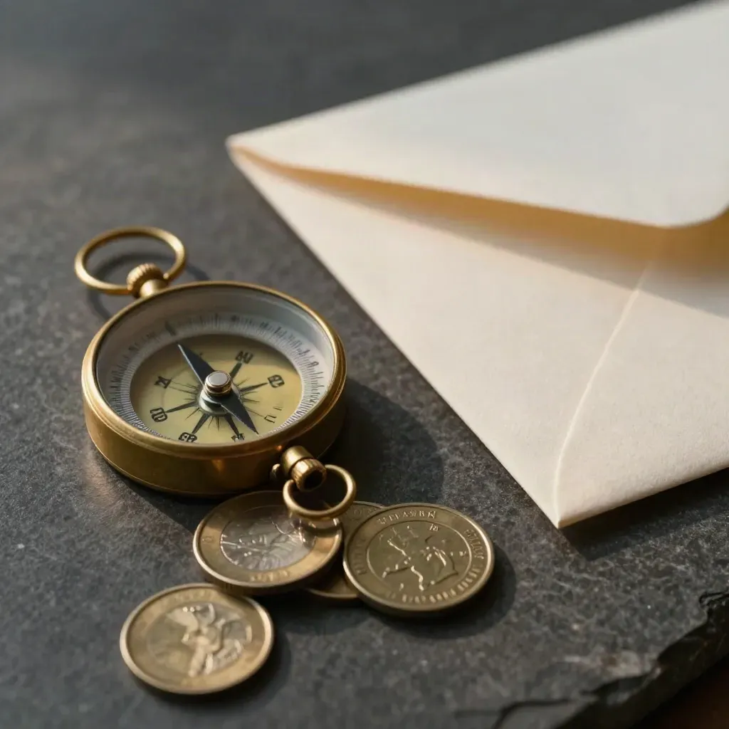 Brass compass, coin stack, and sealed envelope on dark stone in low macro light.