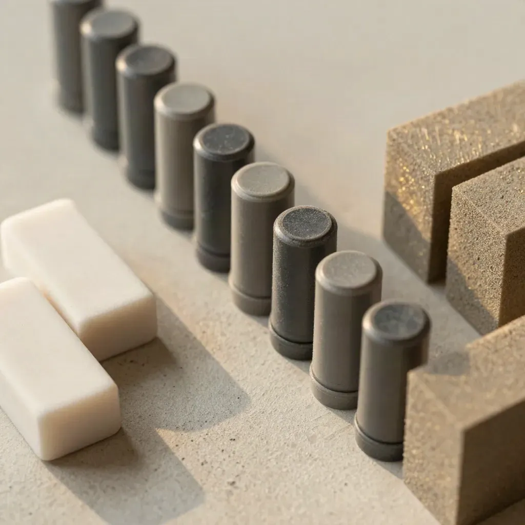 Overhead still life of marker caps, eraser block, and foam blocks on pale concrete.