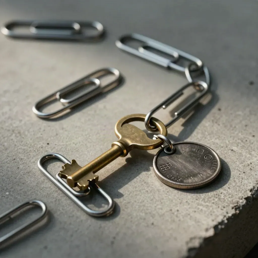 Linked paperclips with a brass key and metal token on concrete, lit dramatically from above.