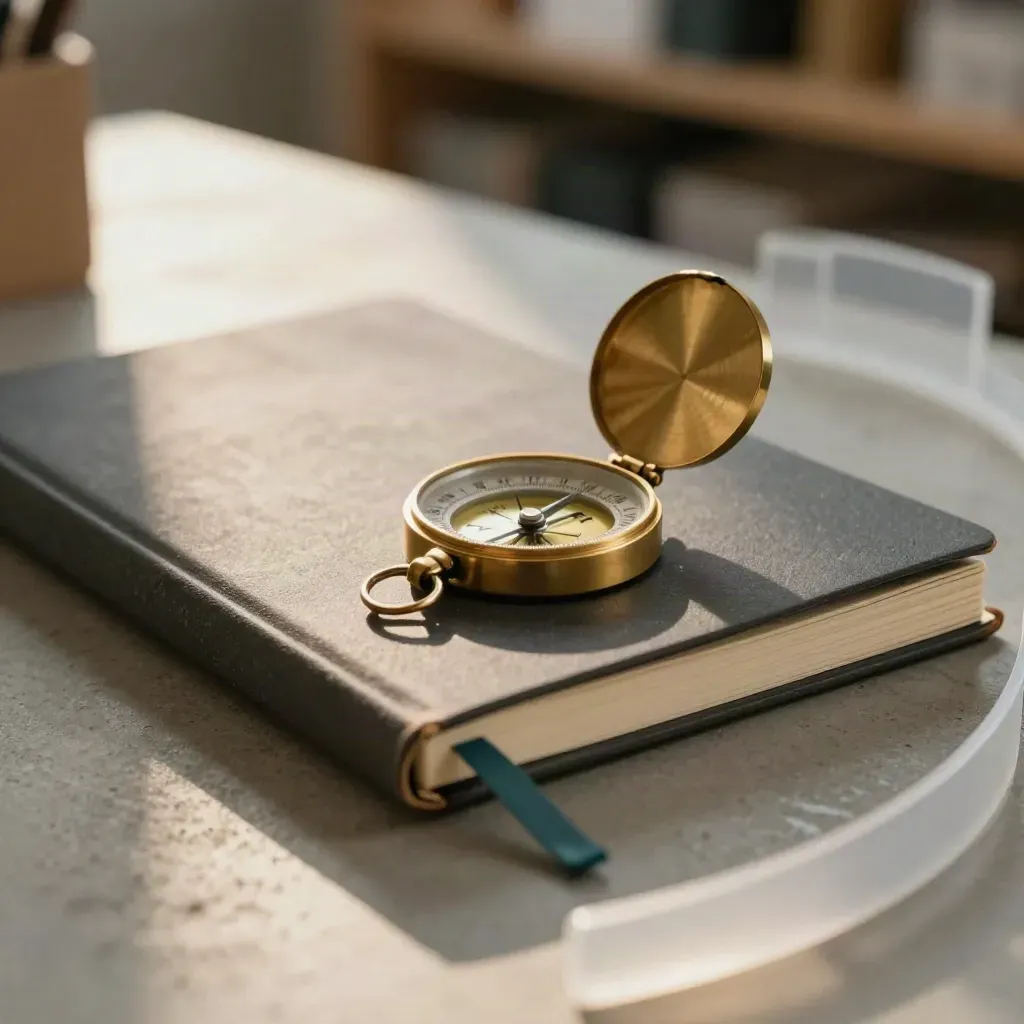 Macro still life of a founder starter kit: notebook, brass compass, and index cards on concrete.