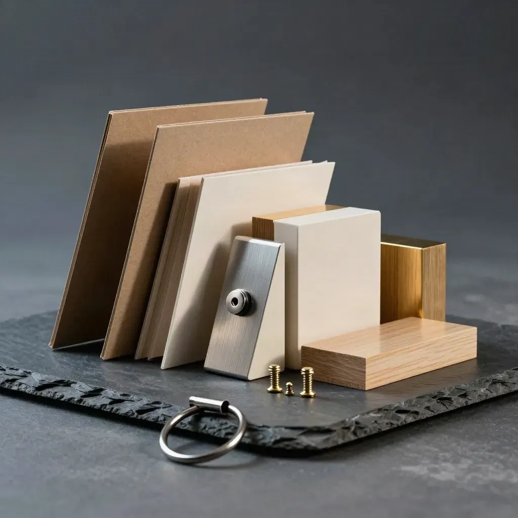 Pitch sleeves, modular blocks and fasteners seen through a dark ring clamp on a slate surface.