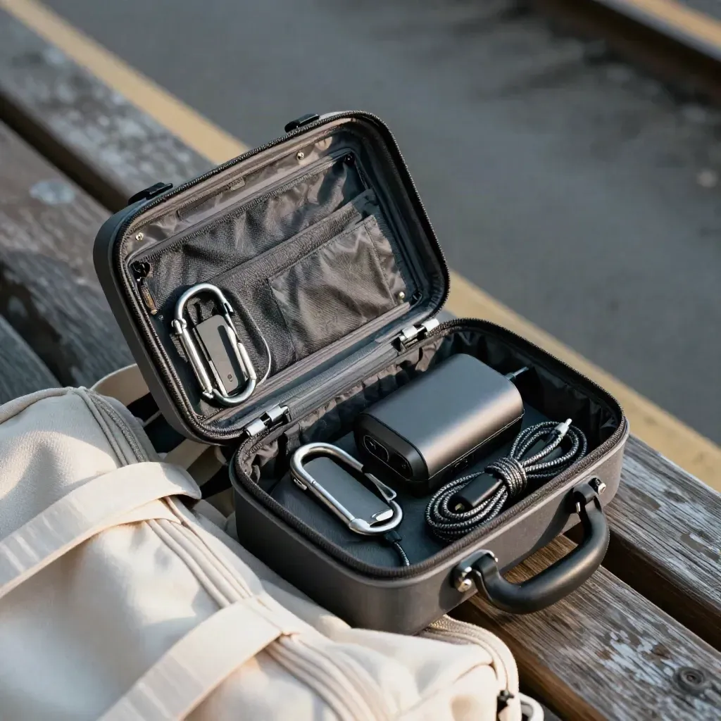 Travel kit with hard case, carabiner and charger pack on canvas, lit by cool morning light.