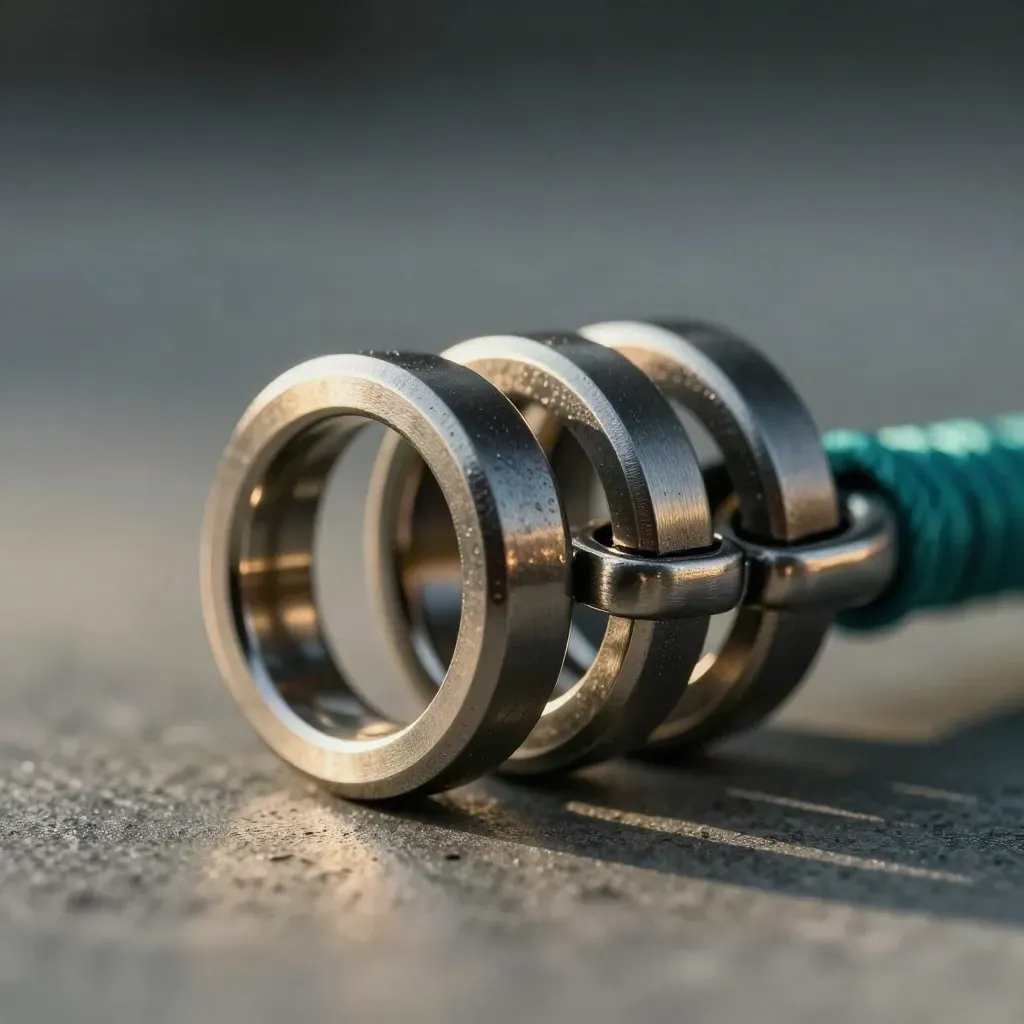 Extreme macro of linked metal rings, magnetic clips and a braided cable loop on concrete with teal accent.