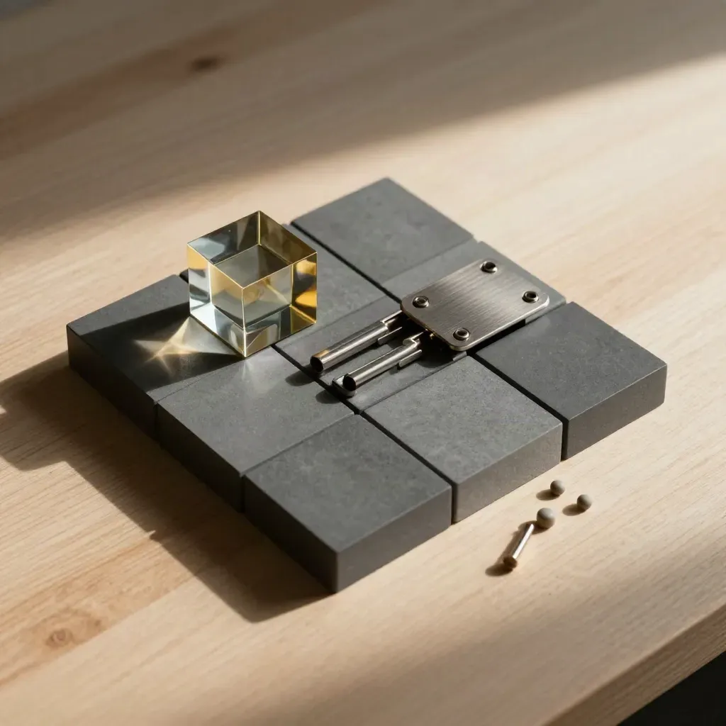 Graphite blocks, a brass hinge plate, and a square paperweight on pale wood, lit dramatically from above.