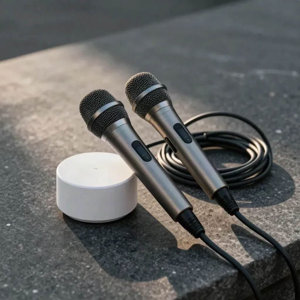 Twin conference mics, speaker puck and coiled cable on dark stone, lit with soft daylight.