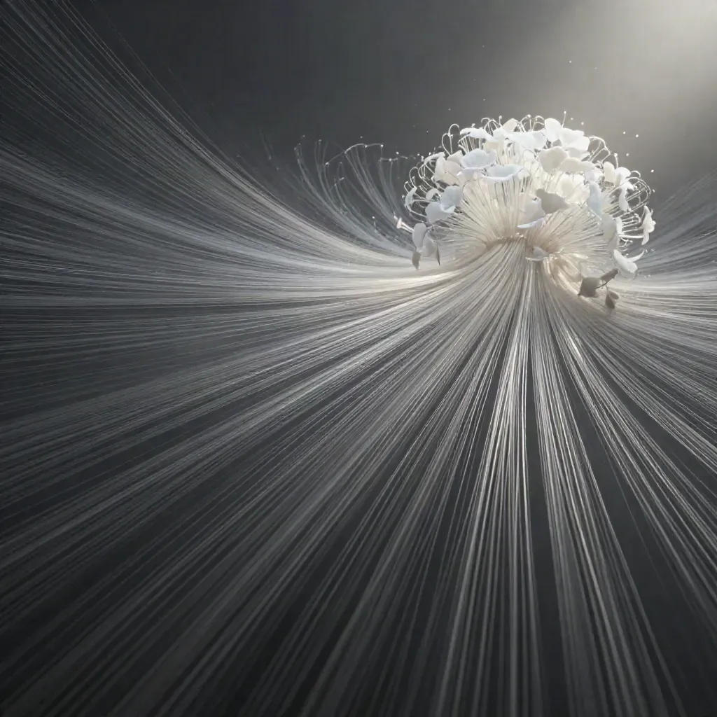 Abstract silver filaments converging into a white bloom in dark graphite haze.
